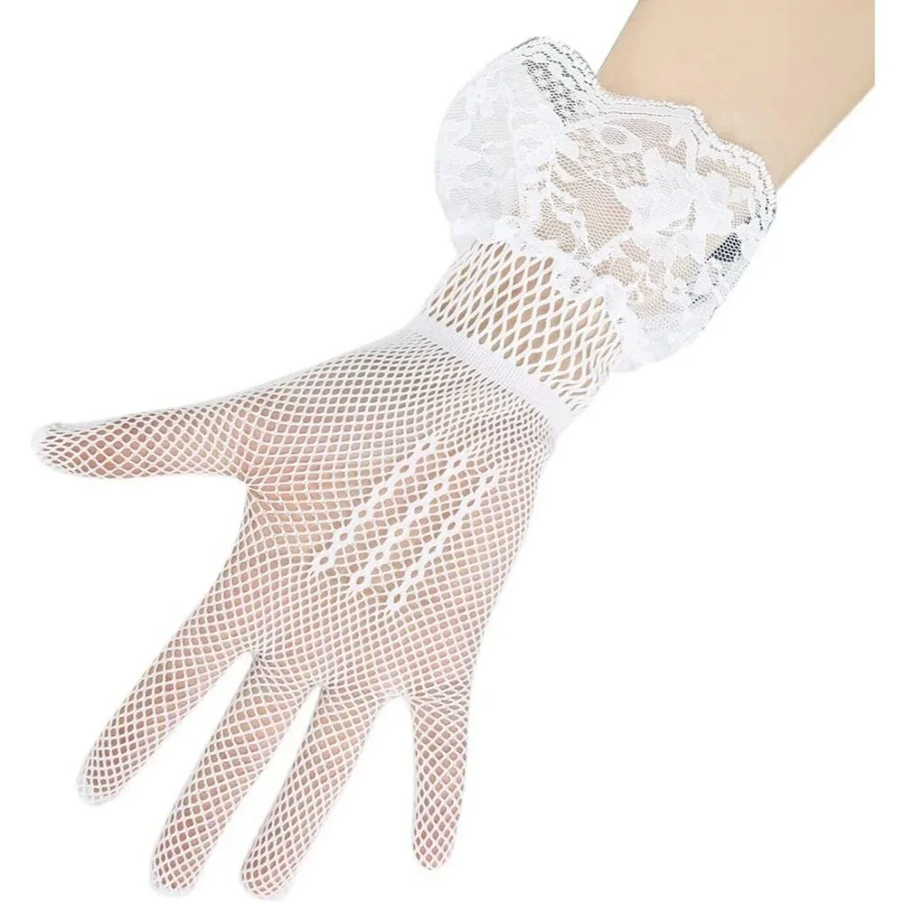 Women's B-White Bow Lace Elegant Wrist Gloves Ruffle Bridal Wedding Party Prom